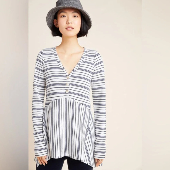 Anthropologie Maeve Eliza Babydoll Striped Henley Tunic Long Sleeve - Picture 2 of 8